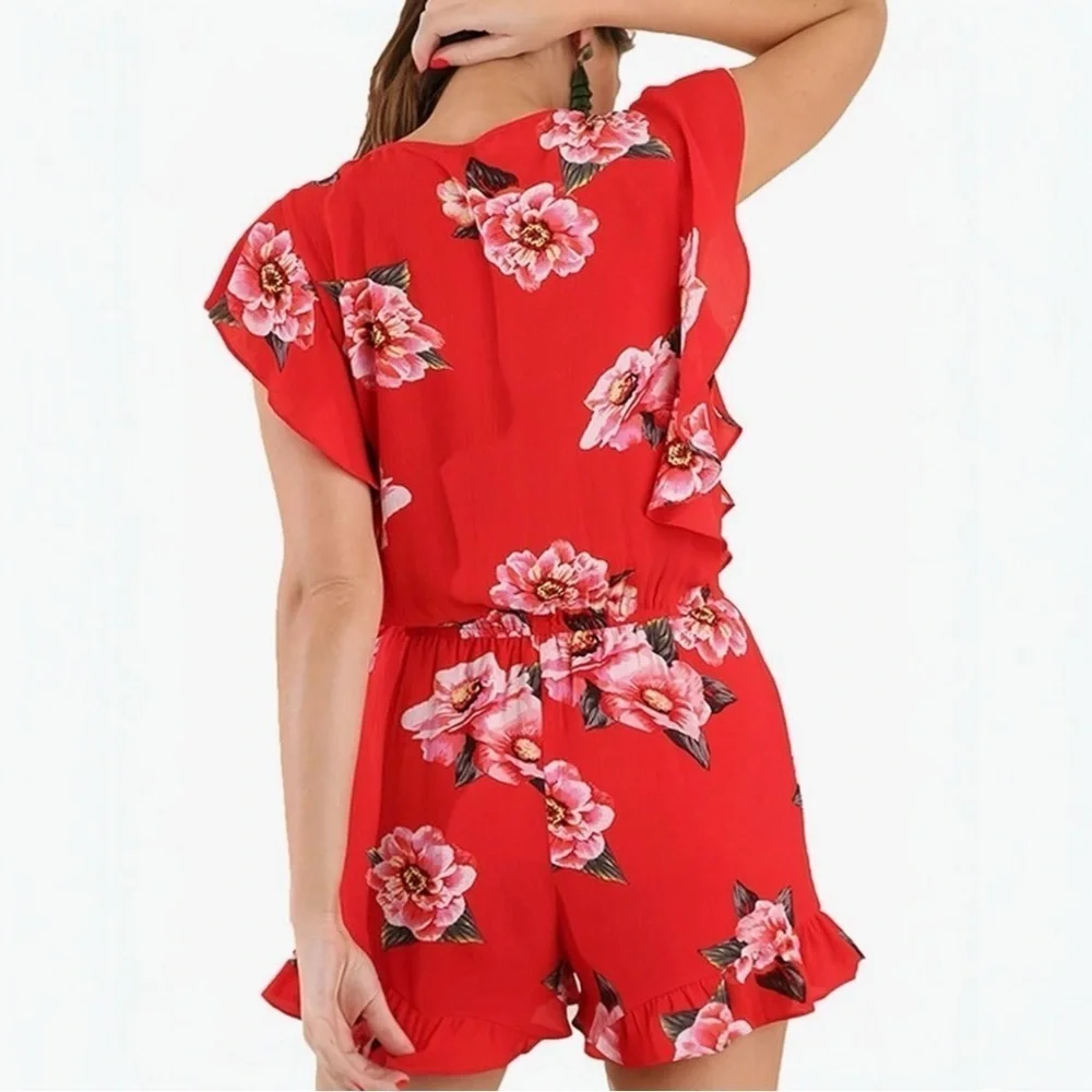Umgee Floral Surplice Ruffle Romper Size S Red Built-In Shorts